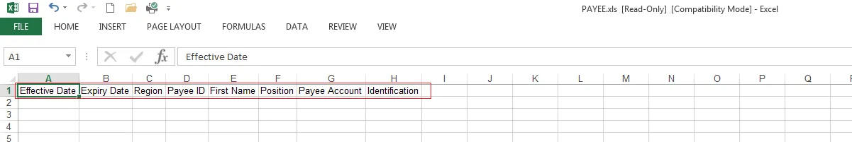 Template with Column Headings as Defined in Configuration Stage
